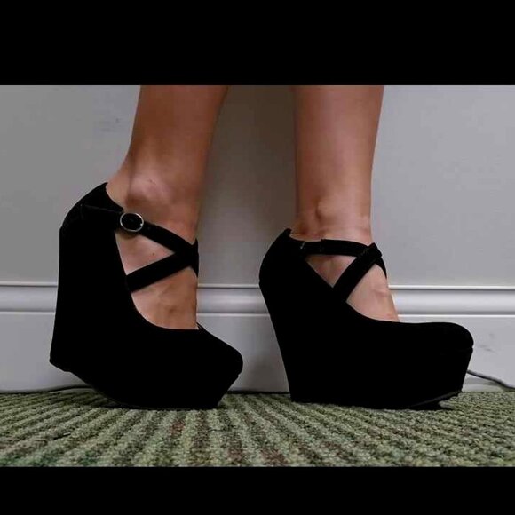 DELICACY Black Velvet Platform Wedges - Picture 1 of 6